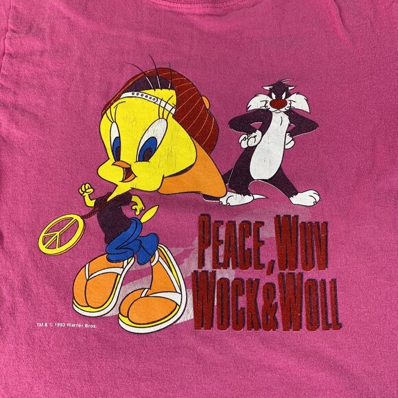 VTG 90s Looney Tunes Girls Pink Tweety Bird T Shirt Sz Large Slyvester The Cat - Picture 3 of 8